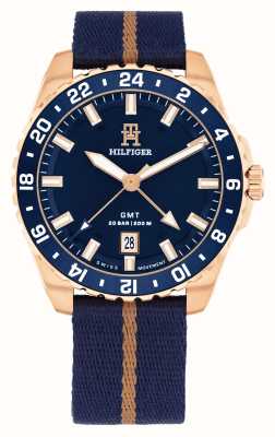 Tommy Hilfiger Reloj th85 gmt (42 mm) para hombre con esfera azul y correa de tela oceánica con marea azul 1792130