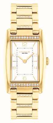 Coach Esfera rectangular blanca Reese para mujer/pulsera de acero inoxidable en tono dorado con cristales engastados 14504316