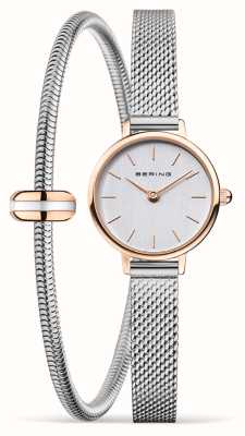 Bering Set de regalo de reloj y pulsera clásico para mujer (22 mm) con esfera plateada y pulsera de malla de acero inoxidable 11022-064-LOVELY-2-GWP190