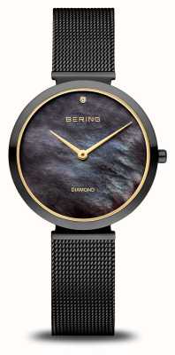 Bering Reloj clásico para mujer (32 mm) con esfera de nácar negro y pulsera de malla de acero negro 18132-132