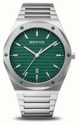Bering Reloj clásico para hombre (42 mm) con esfera verde y pulsera de acero inoxidable. 19742-708