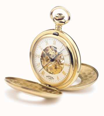 Rotary Reloj de bolsillo mecánico esqueleto (47,5 mm) esfera blanca / caja y cadena de acero inoxidable pvd dorado MP00713/01