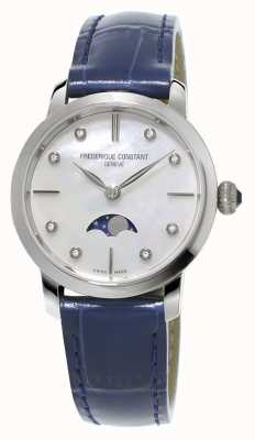 Frederique Constant Correa fina de cuero azul con montura de diamantes de fase lunar para mujer FC-206MPWD1S6