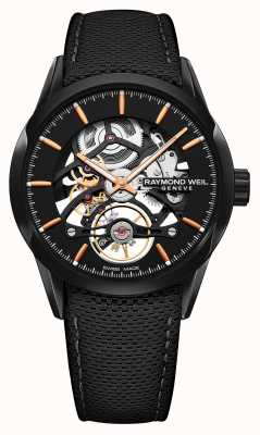 Raymond Weil Correa de cuero negra esqueleto automática para freelancer para hombre 2785-BC5-20001