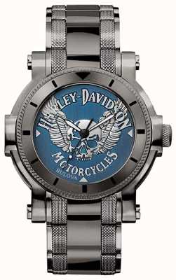 Harley Davidson Hombres para él | pulsera de acero inoxidable negro | esfera azul 78A117