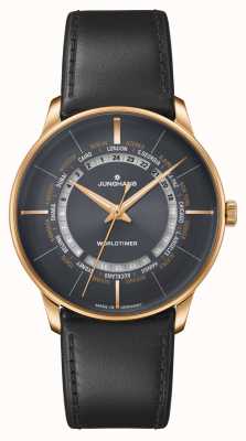 Junghans Meister worldtimer cristal de zafiro | correa de cuero marrón | esfera negra 27/5013.02