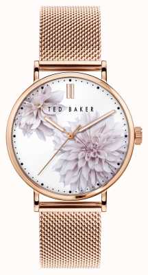 Ted Baker | mujer | phylipa peonia | pulsera de malla de oro rosa | esfera floral blanca | BKPPHF010