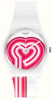 Swatch Beatpink | dia de san valentin | correa de silicona blanca | esfera de corazón rosa / blanco GW214
