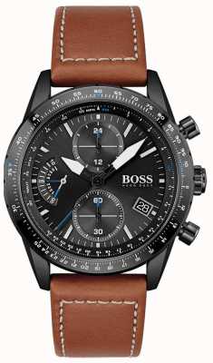 BOSS Hombres | edición piloto | crono | esfera negra | cuero marrón 1513851