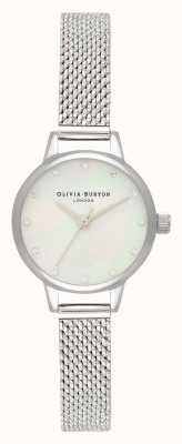 Olivia Burton Mini esfera de nácar blanco, marcadores brillantes y reloj de malla boucle plateado OB16MN04