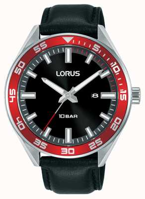 Lorus Reloj deportivo de cuarzo, esfera negra con rayos de sol, correa de piel negra RH941NX9
