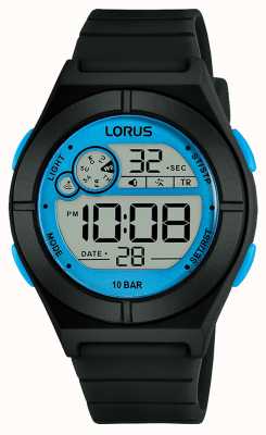 Lorus Reloj digital para mujer con correa de silicona negra detalles en azul R2361NX9