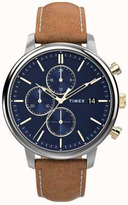 Timex Reloj Chicago Chrono de 45 mm con caja plateada, esfera azul y correa de piel marrón. TW2U39000