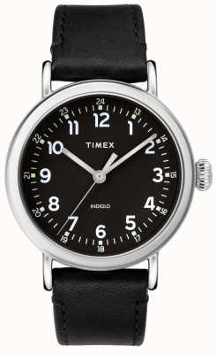 Timex Caja estándar de 40 mm en tono plateado Esfera negra Correa de piel negra TW2T20200