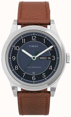 Timex Reloj Waterbury con fecha tradicional de 39 mm, esfera azul de acero inoxidable, correa color caramelo. TW2U90400