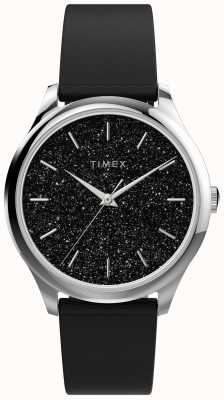 Timex Caja plateada con esfera negra brillante y correa negra. TW2V01100