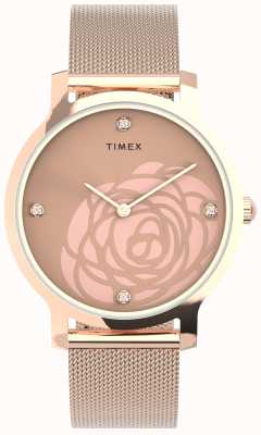 Timex Wms transcend caja en tono dorado rosa con recorte floral y brazalete de malla TW2U98100