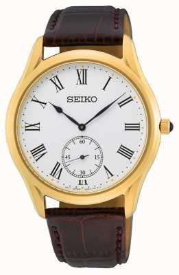 Seiko Correa de piel marrón esfera blanca reloj chapado en oro amarillo SRK050P1
