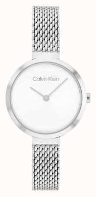 Calvin Klein Brazalete de malla de acero inoxidable con barra en T esfera blanca 25200082