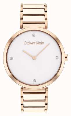 Calvin Klein Esfera minimalista con barra en T de cuarzo y cristal de oro rosa. 25200135