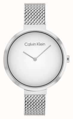 Calvin Klein Pulsera minimalista de malla de acero inoxidable con barra en T, esfera blanca. 25200079