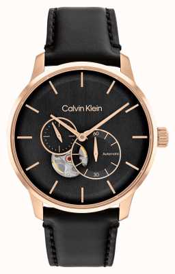 Calvin Klein Reloj de hombre automático negro y oro rosa correa de piel 25200074