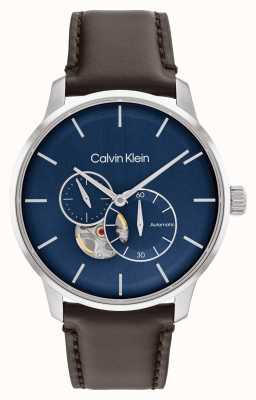 Calvin Klein Reloj automático para hombre con correa de piel marrón y esfera azul. 25200075