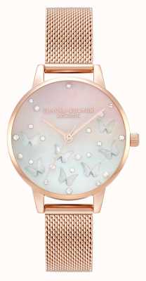 Olivia Burton Reloj de pulsera de malla con esfera rosa degradada y mariposa brillante OB16MB38