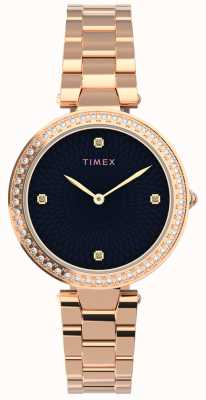 Timex Mujer | adornan con cristales esfera negra | pulsera de oro rosa TW2V24600
