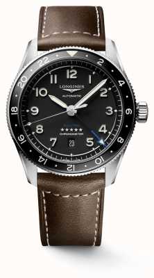 LONGINES Spirit zulu time gmt 42 mm esfera negra correa de cuero marrón L38124532