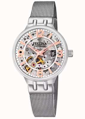 Festina Reloj esqueleto automático para dama con brazalete de malla. F20579/1