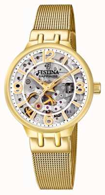 Festina Reloj esqueleto automático para dama en tono dorado con brazalete de malla F20580/1