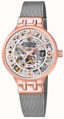 Festina Reloj esqueleto automático para mujer en tono oro rosa con brazalete de malla F20581/1