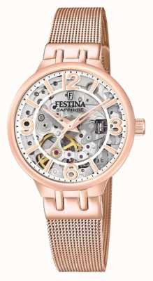 Festina Reloj esqueleto automático para mujer en tono oro rosa con brazalete de malla F20581/2