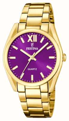 Festina Reloj para mujer con esfera de rayos de sol violeta en tono dorado. F20640/3