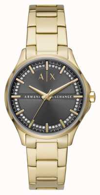 Armani Exchange Mujer | esfera engastada de cristal gris | pulsera de acero inoxidable dorado AX5257