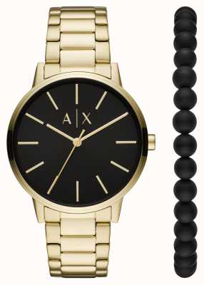 Armani Exchange Set de regalo de reloj y pulsera para hombre | reloj de acero inoxidable dorado | pulsera de cuentas negras AX7119