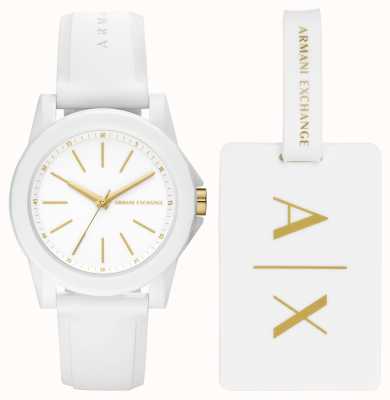 Armani Exchange Mujer | set de regalo de reloj y etiqueta de equipaje | correa de silicona blanca AX7126