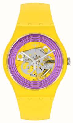 Swatch Reloj con esfera de esqueleto amarilla y anillos morados SO29J100