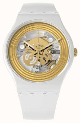 Swatch Reloj esfera esqueleto blanco anillos dorados SO29W107