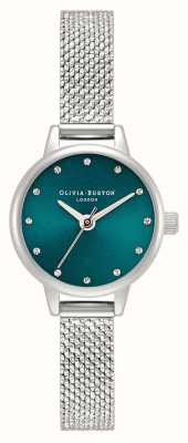 Olivia Burton Reloj clásico de malla plateada y verde azulado con miniesfera OB16MN13
