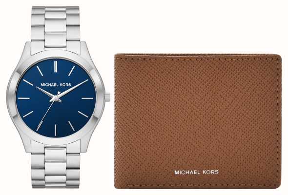 Michael Kors Cartera fina a juego con reloj de acero con esfera azul de pasarela MK1060SET